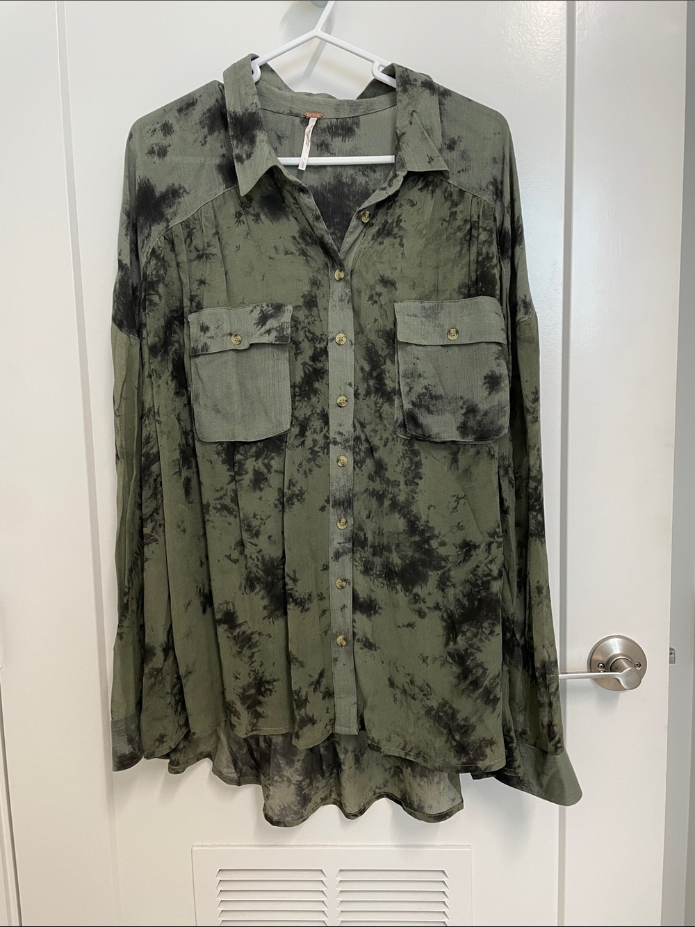 Free People Olive Green & Black Tie-Dye Button-Up